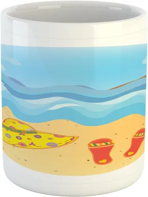 Ambesonne Lighthouse Mug, Colorful Minimal Doodle Lighthouse Beach Sea Waves Sand Hat Slippers Cloudy Day, Printed Ceramic Coffee Mug Water Tea Drinks Cup, Multicolor