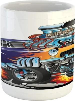 Ambesonne Race Car Mug, Illustration of a Single Classic Hot Rod Muscle Car with and a Big Engine, Ceramic Coffee Mug Cup for Water Tea Drinks, 11 oz, Multicolor