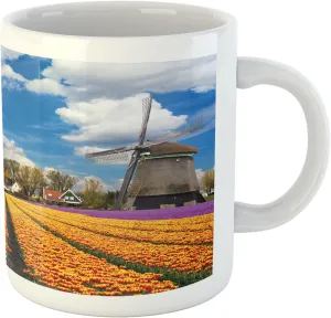 Ambesonne Windmill Mug, Tulips of Holland Countryside Landscape in Springtime with Rustic Houses Print, Printed Ceramic Coffee Mug Water Tea Drinks Cup, Multicolor