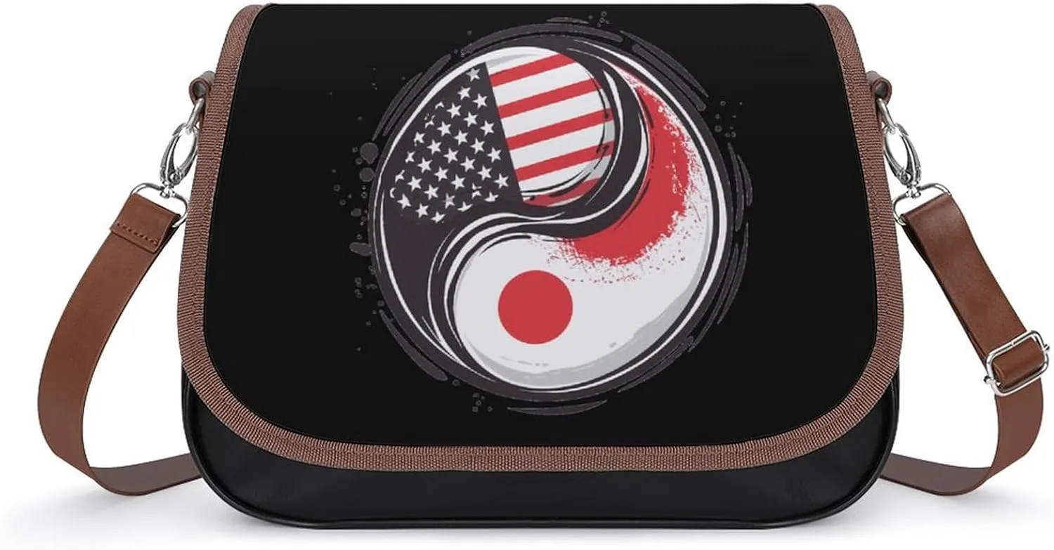 America & Japan Flag Yin-yang Messenger Bag for Women PU Leather Crossbody Bags Shoulder Handbags Purse