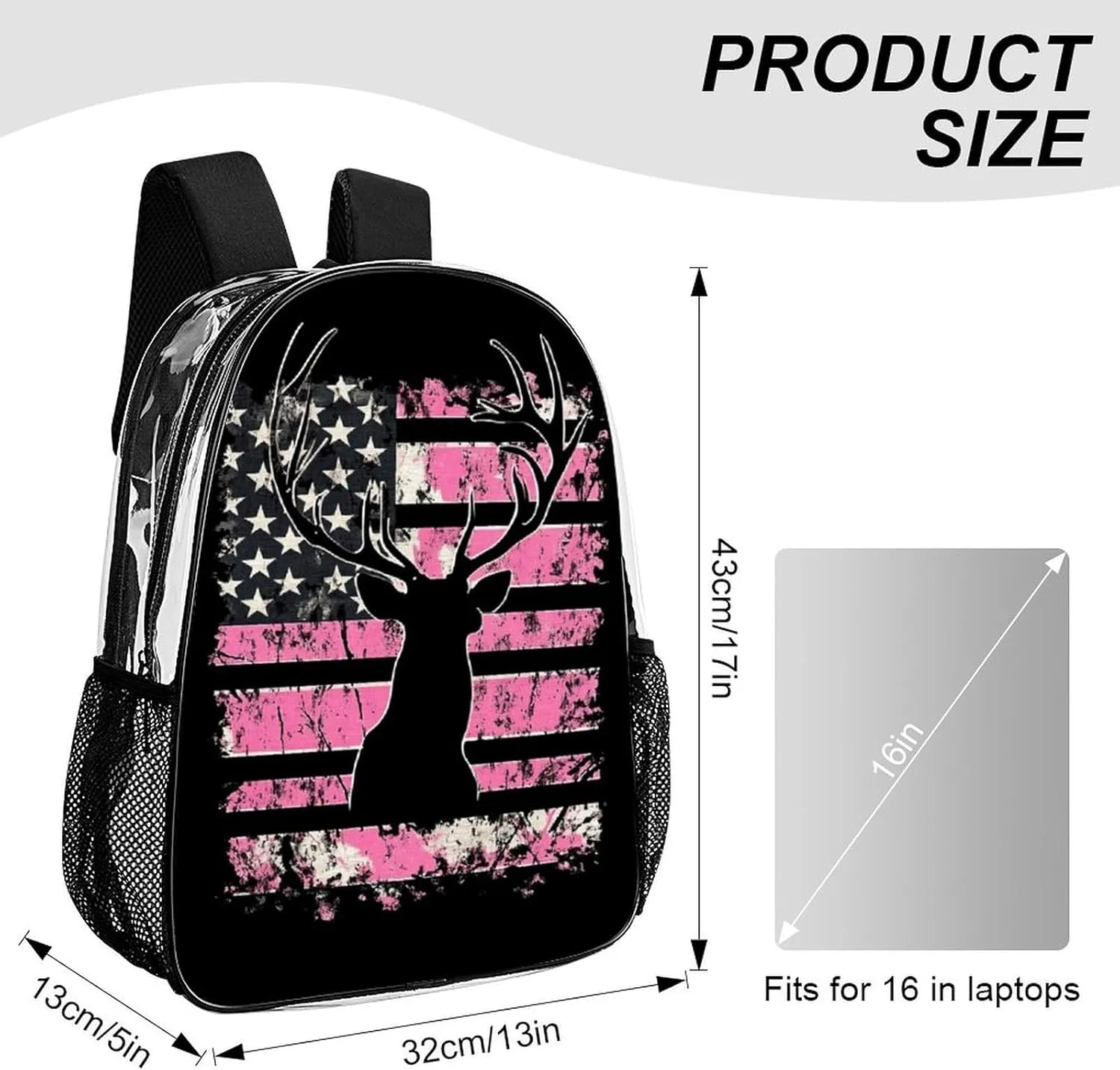 American Flag Camo Deer Hunting Pink Camouflage Rucksacks Transparent Anti-Theft Multipurpose Carry On Bag Large Capacity Gym Outdoor Hiking Backpack With Smooth Zippers