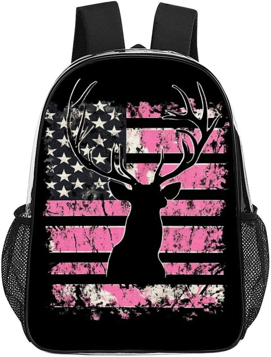 American Flag Camo Deer Hunting Pink Camouflage Rucksacks Transparent Anti-Theft Multipurpose Carry On Bag Large Capacity Gym Outdoor Hiking Backpack With Smooth Zippers