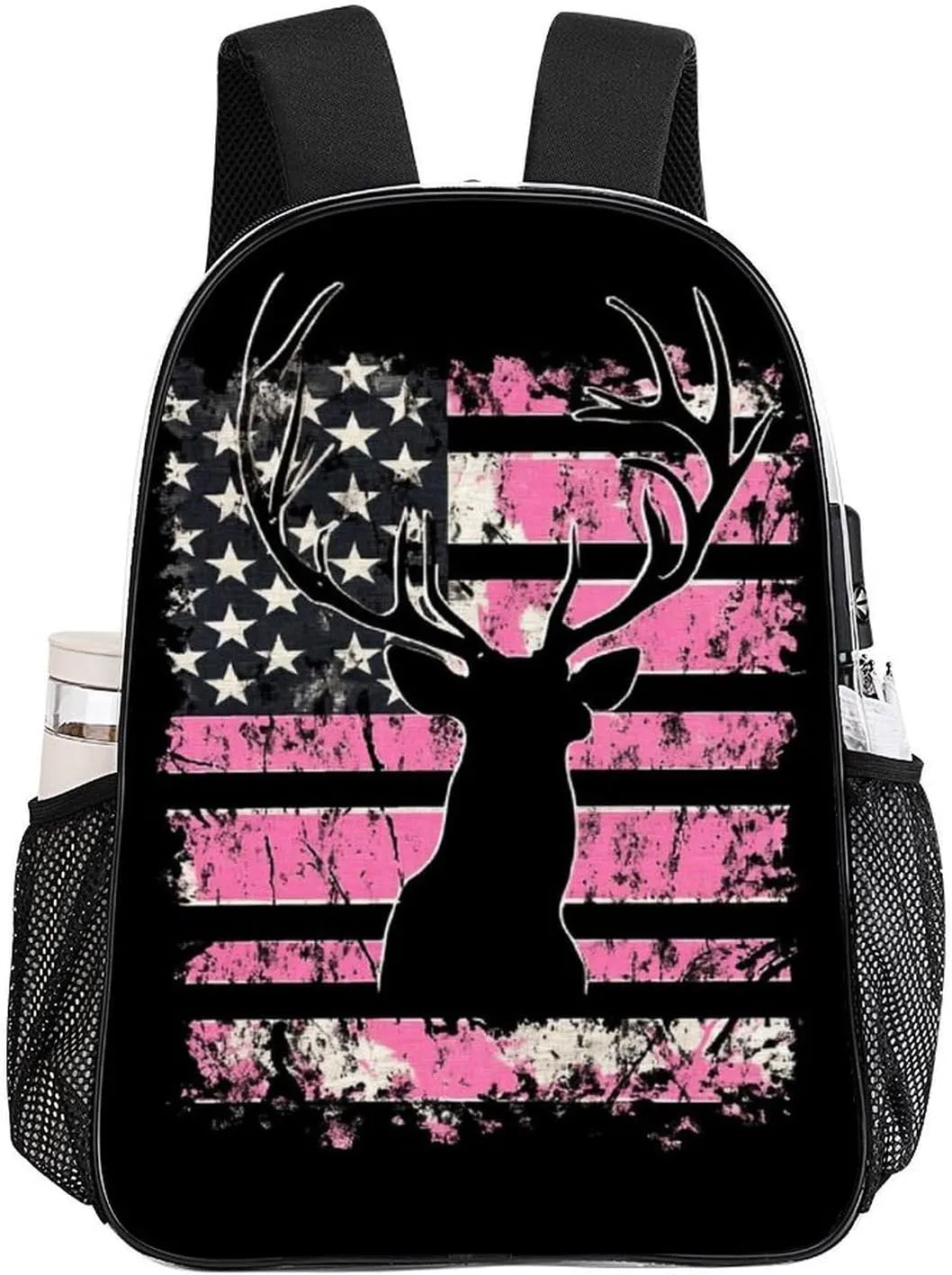 American Flag Camo Deer Hunting Pink Camouflage Rucksacks Transparent Anti-Theft Multipurpose Carry On Bag Large Capacity Gym Outdoor Hiking Backpack With Smooth Zippers