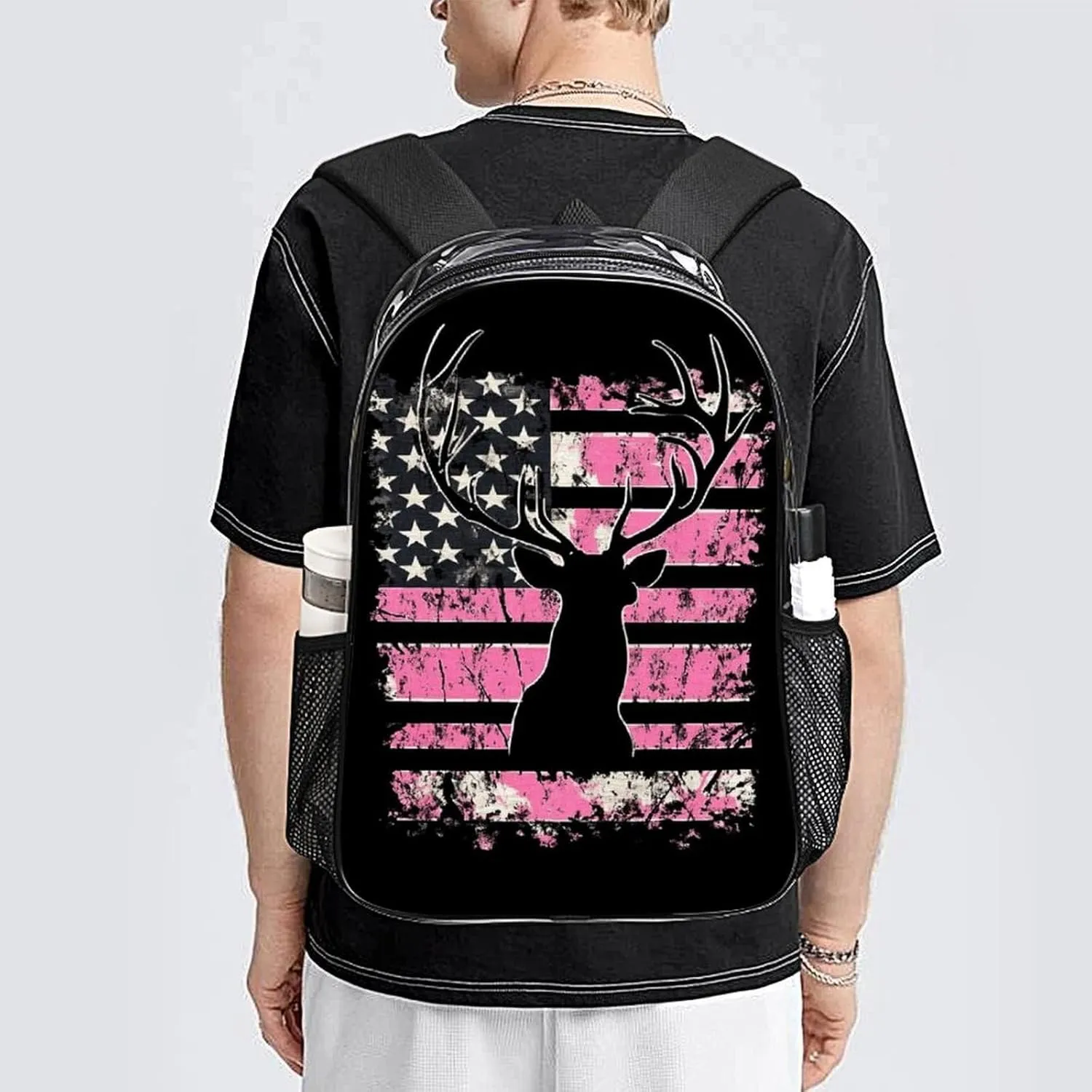 American Flag Camo Deer Hunting Pink Camouflage Rucksacks Transparent Anti-Theft Multipurpose Carry On Bag Large Capacity Gym Outdoor Hiking Backpack With Smooth Zippers