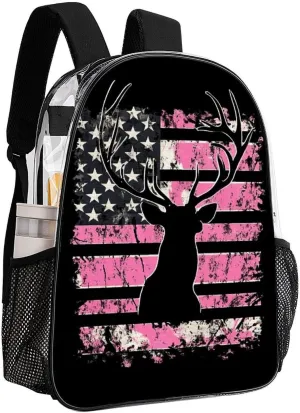 American Flag Camo Deer Hunting Pink Camouflage Rucksacks Transparent Anti-Theft Multipurpose Carry On Bag Large Capacity Gym Outdoor Hiking Backpack With Smooth Zippers