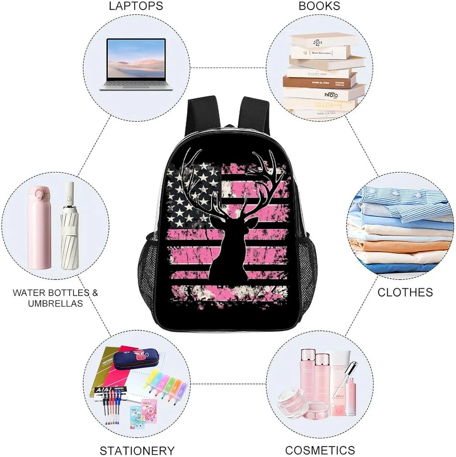 American Flag Camo Deer Hunting Pink Camouflage Rucksacks Transparent Anti-Theft Multipurpose Carry On Bag Large Capacity Gym Outdoor Hiking Backpack With Smooth Zippers