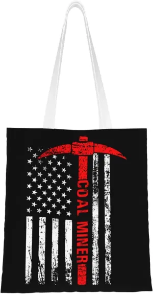 American Flag Coal Miner Tote Bag for Women Canvas Shopping Bags Reusable Large Capacity Casual Shoulder Handbags Grocery Bags DIY Gift Bags