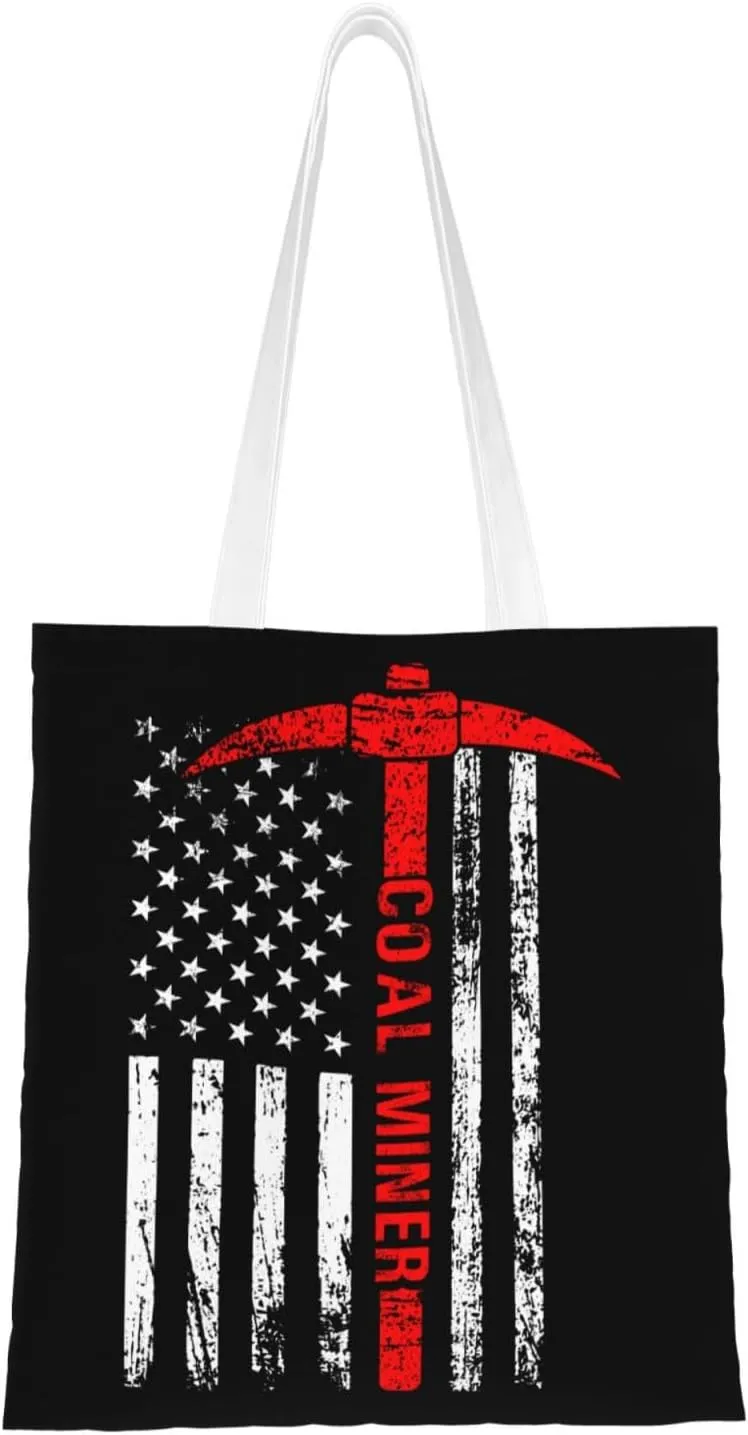 American Flag Coal Miner Tote Bag for Women Canvas Shopping Bags Reusable Large Capacity Casual Shoulder Handbags Grocery Bags DIY Gift Bags