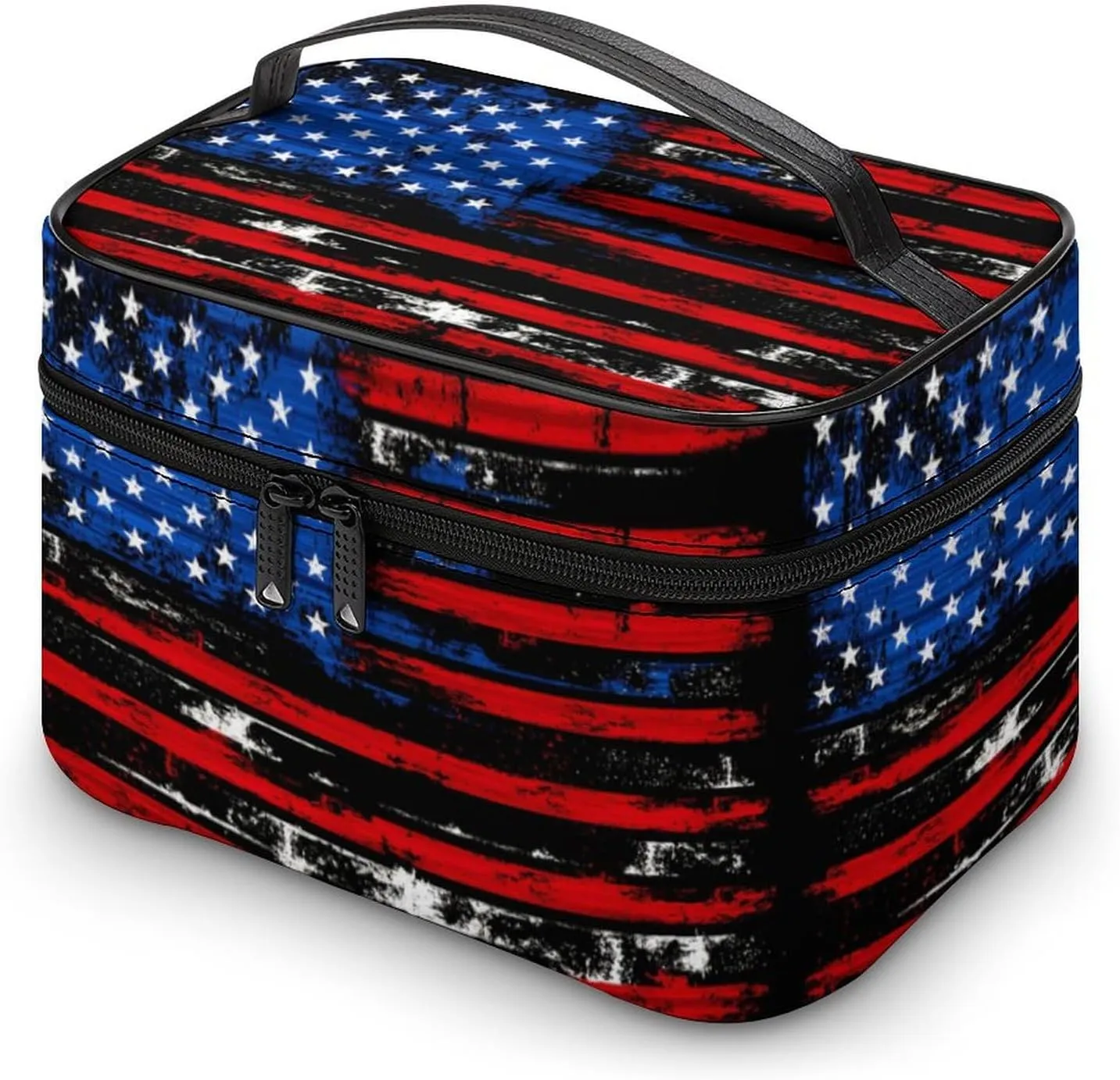 American Flag Retro Cosmetic Bag For Women Travel Make Up Bags Skincare Toiletry Storage Organizer Mens Holiday Waterproof Soft Leather Makeup Box With Handle Compartments