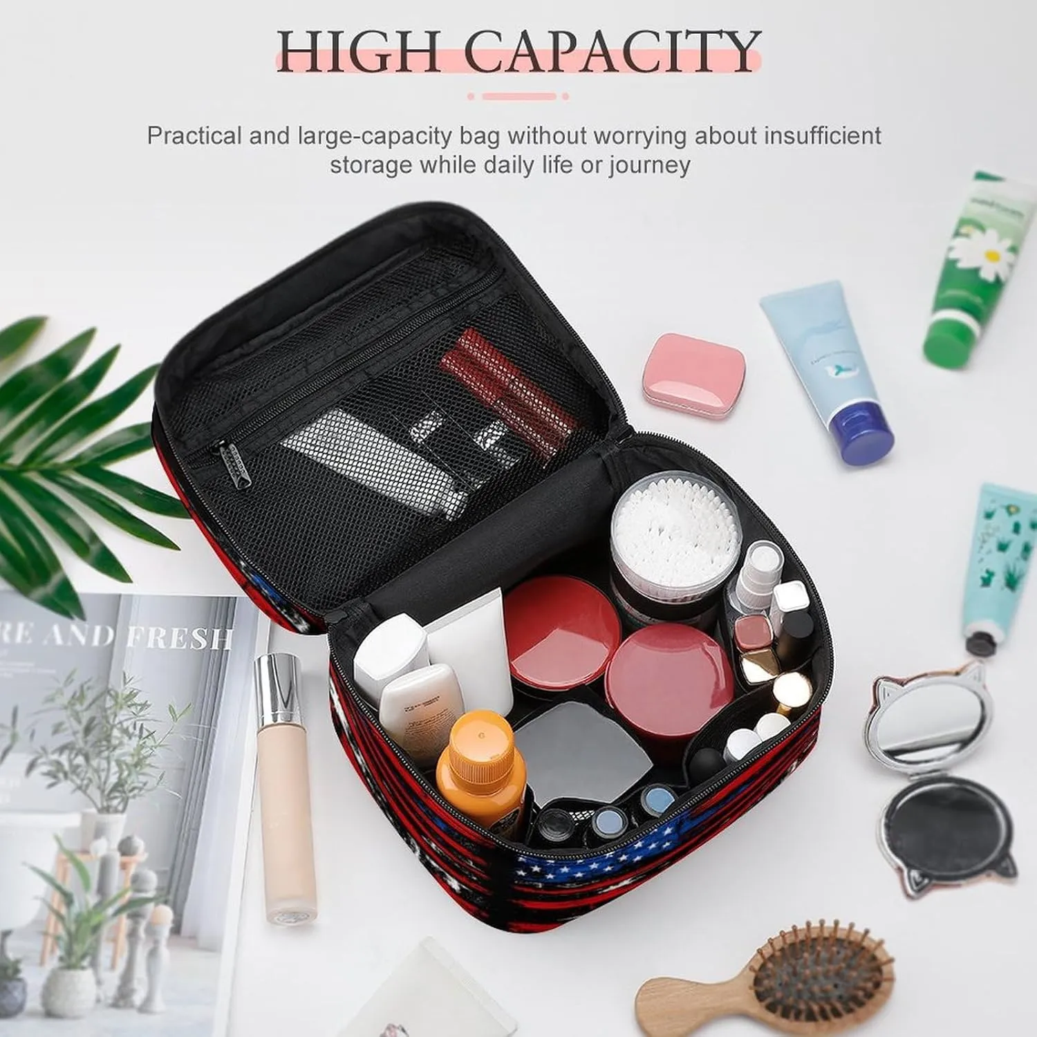 American Flag Retro Cosmetic Bag For Women Travel Make Up Bags Skincare Toiletry Storage Organizer Mens Holiday Waterproof Soft Leather Makeup Box With Handle Compartments