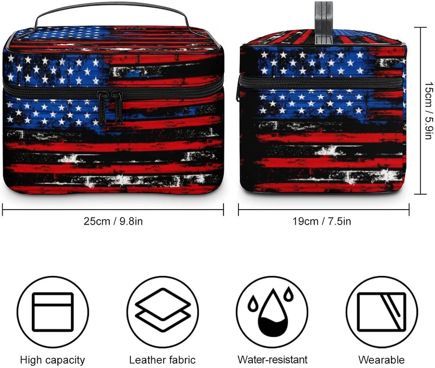 American Flag Retro Cosmetic Bag For Women Travel Make Up Bags Skincare Toiletry Storage Organizer Mens Holiday Waterproof Soft Leather Makeup Box With Handle Compartments