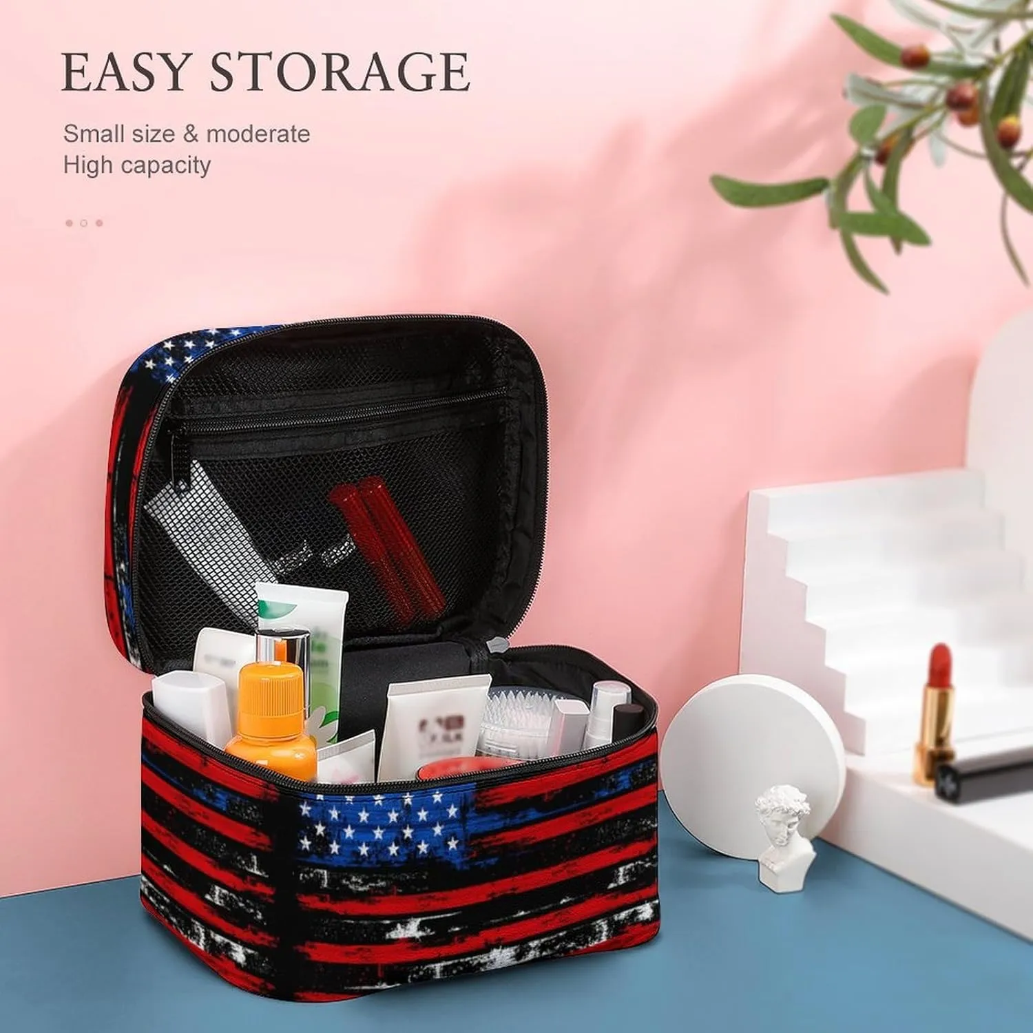 American Flag Retro Cosmetic Bag For Women Travel Make Up Bags Skincare Toiletry Storage Organizer Mens Holiday Waterproof Soft Leather Makeup Box With Handle Compartments