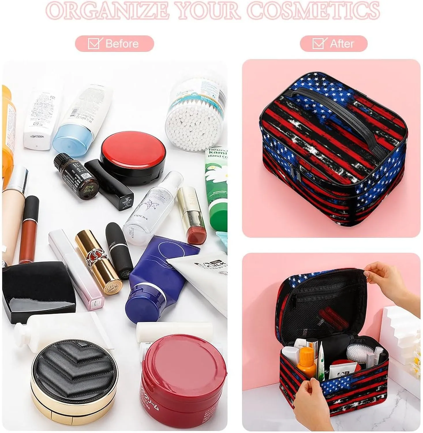 American Flag Retro Cosmetic Bag For Women Travel Make Up Bags Skincare Toiletry Storage Organizer Mens Holiday Waterproof Soft Leather Makeup Box With Handle Compartments