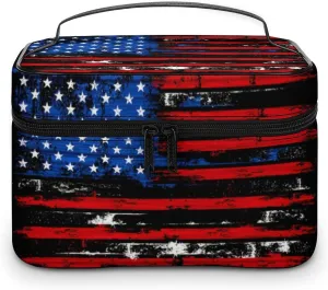 American Flag Retro Cosmetic Bag For Women Travel Make Up Bags Skincare Toiletry Storage Organizer Mens Holiday Waterproof Soft Leather Makeup Box With Handle Compartments