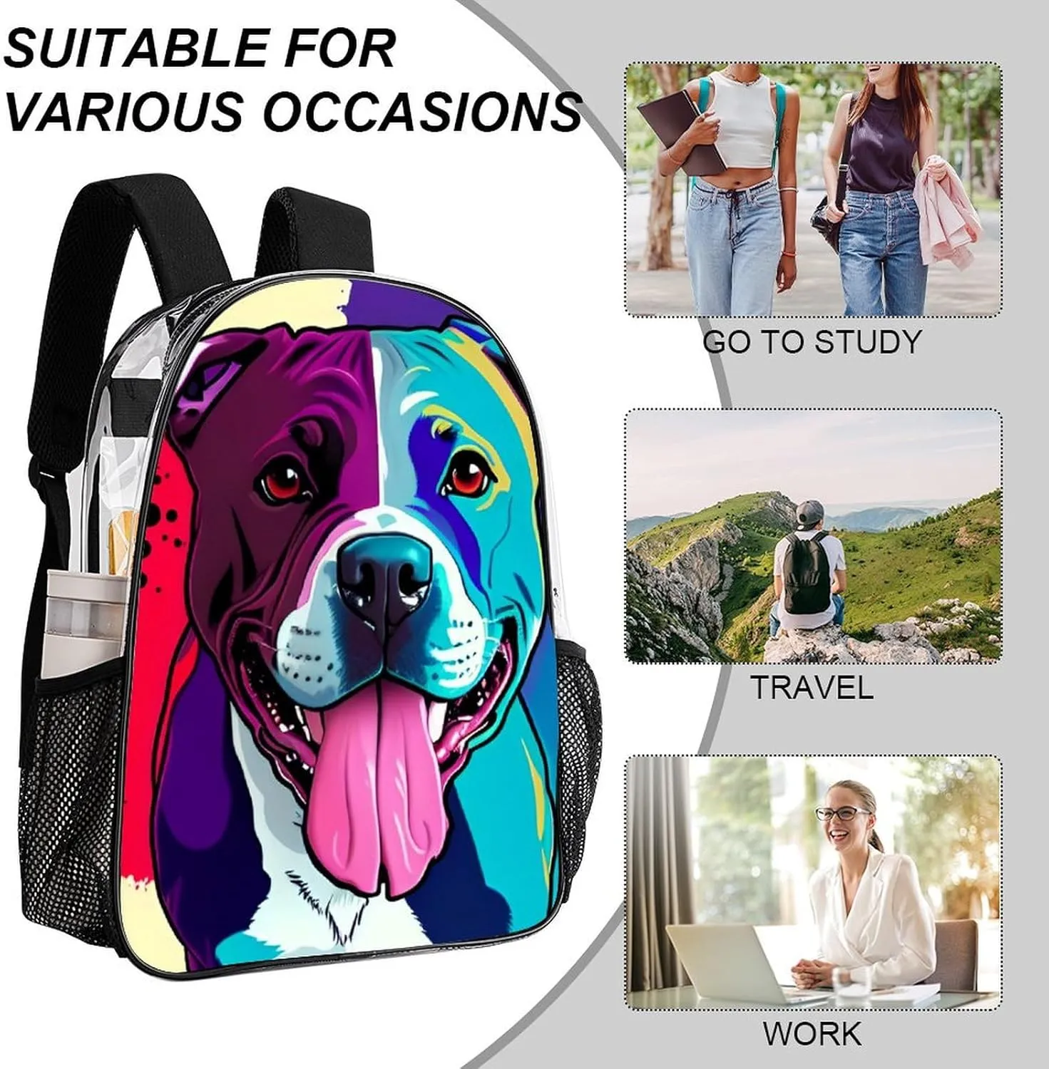 American Pit Bull Terrier Dog Art Rucksack Transparent Anti-Theft Multipurpose Carry On Bag Large Capacity Travel and Sport Backpack Rucksack With Smooth Zippers