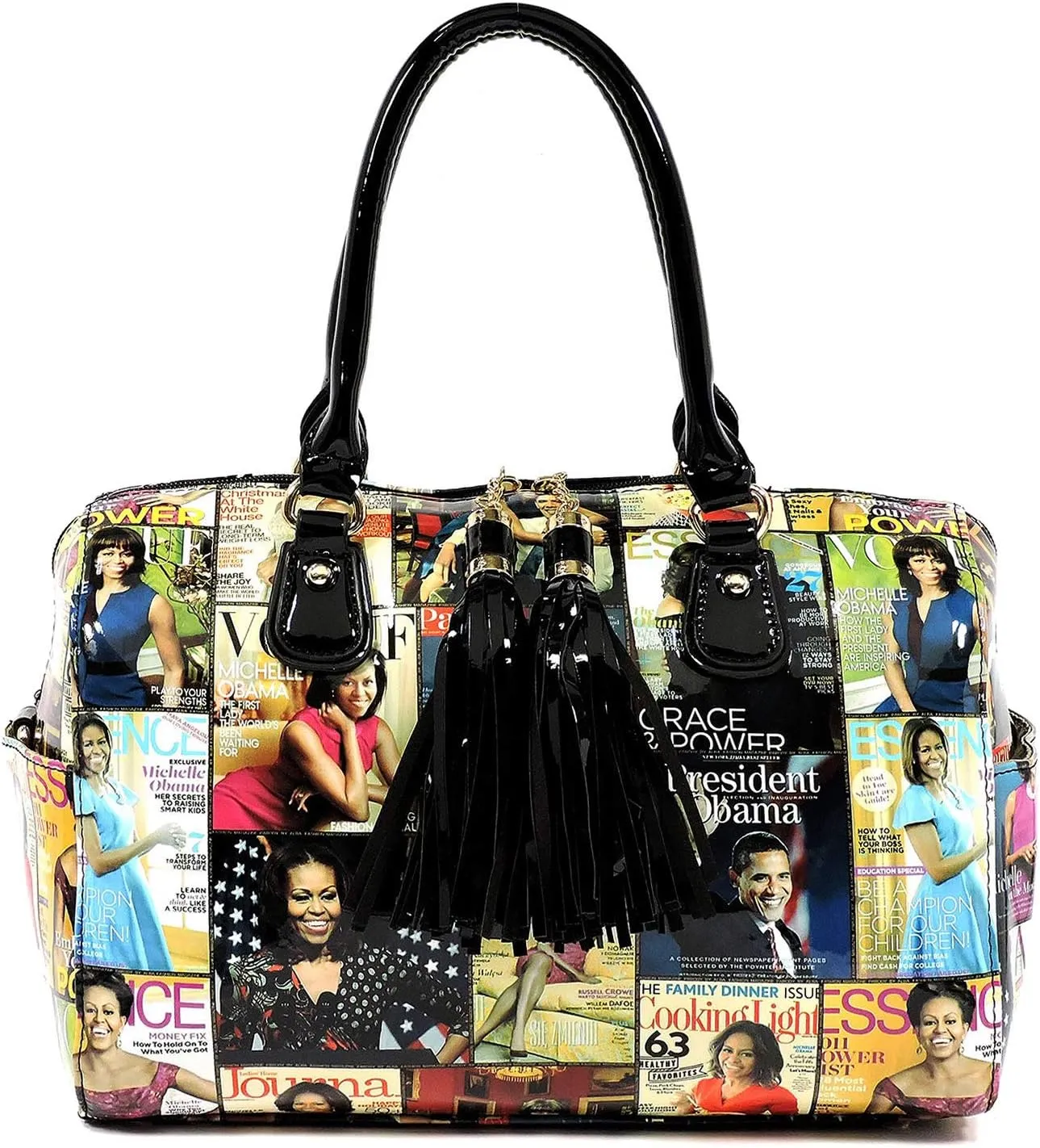 Amy & Joey Glossy Magazine Cover Collage Michelle Obama Printed Boston style Satchel handbag with Tassels (Multi)
