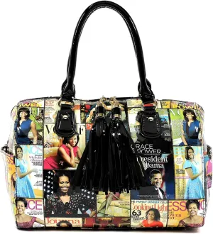 Amy & Joey Glossy Magazine Cover Collage Michelle Obama Printed Boston style Satchel handbag with Tassels (Multi)