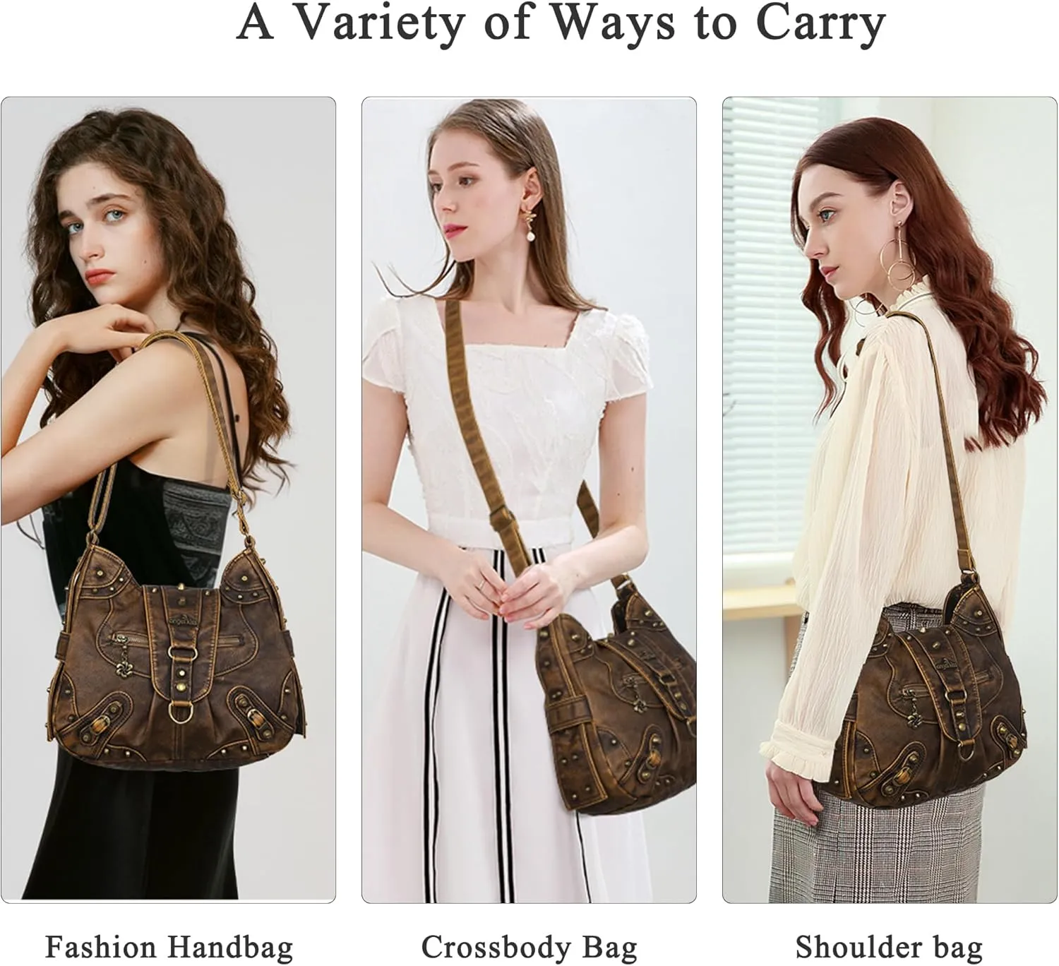 Angel Kiss Hobo Bag for Women Studded Vegan Leather Shoulder Purses and Handbags Retro Roomy Daily Crossbody Bags Medium Size