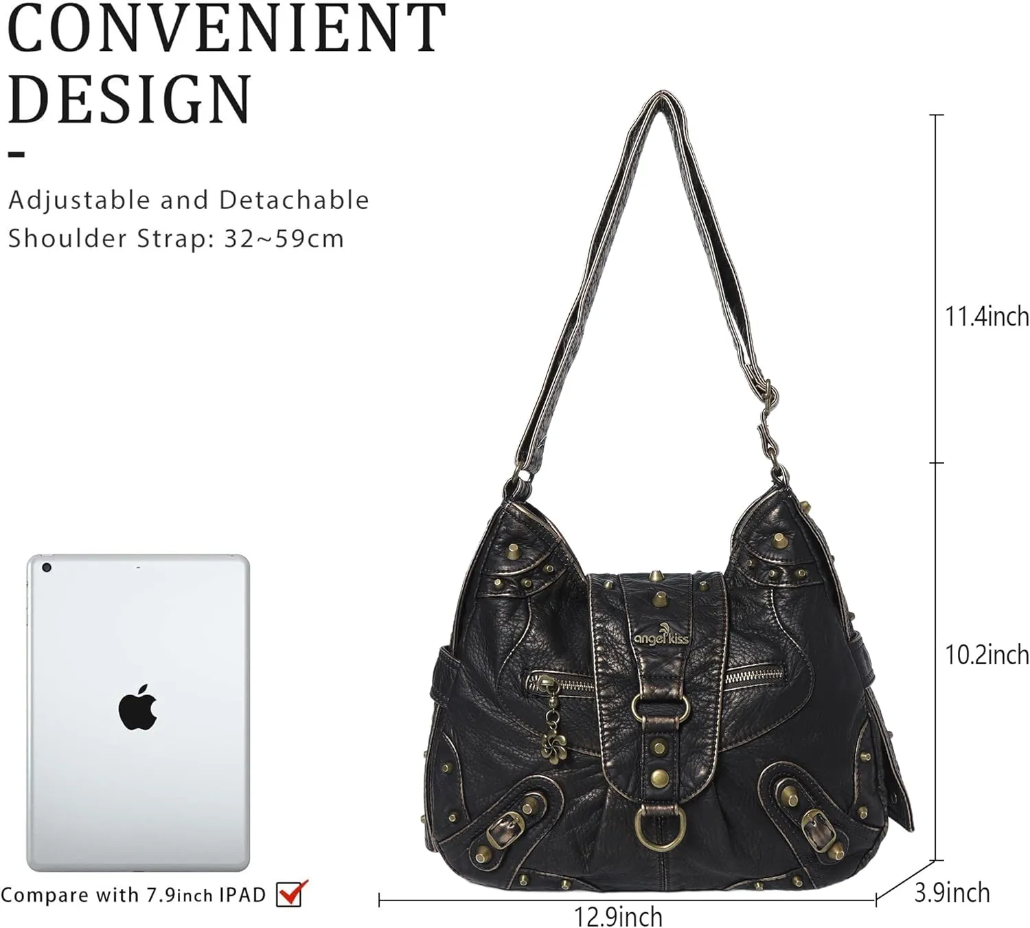 Angel Kiss Hobo Bag for Women Studded Vegan Leather Shoulder Purses and Handbags Retro Roomy Daily Crossbody Bags Medium Size