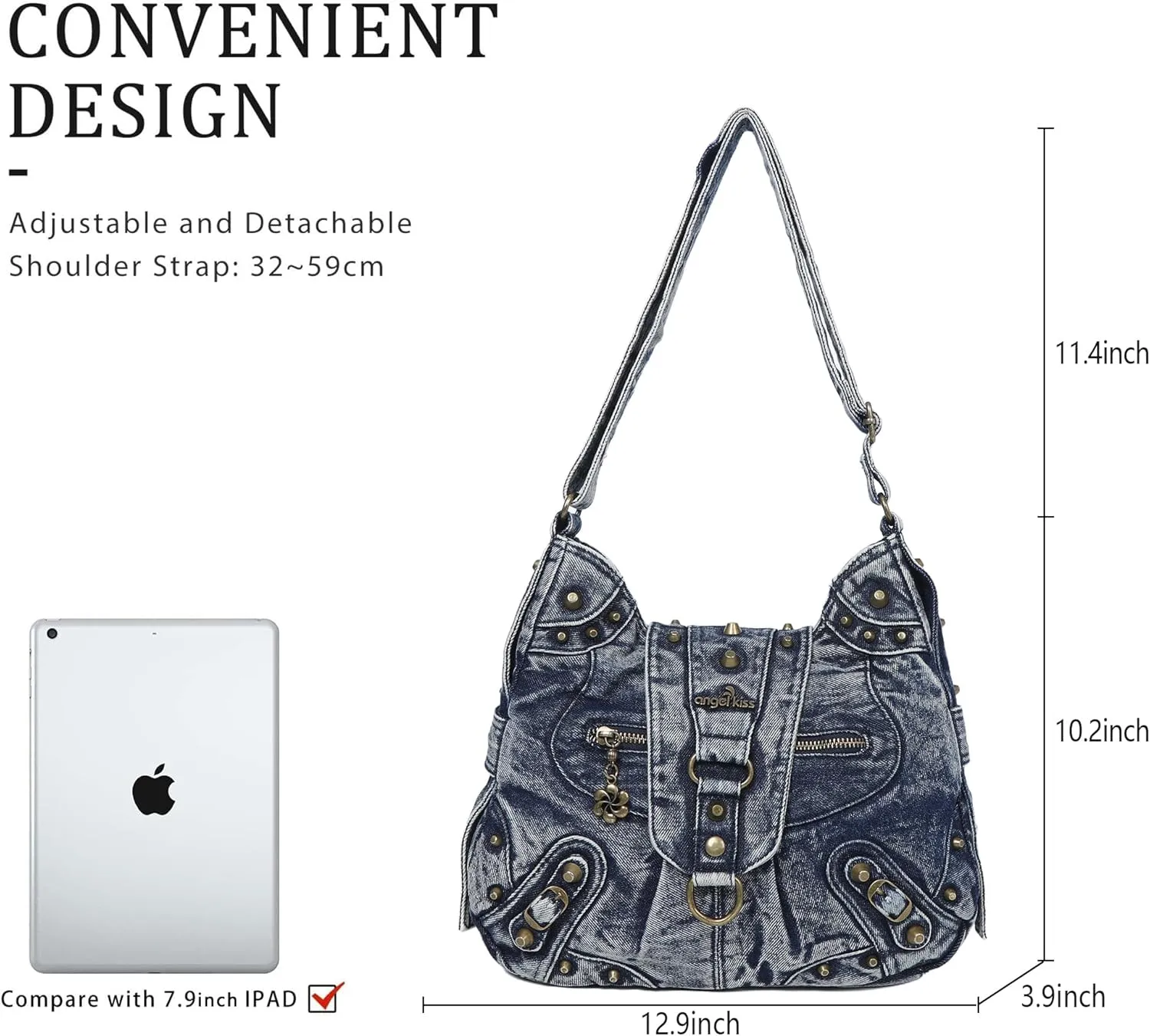 Angel Kiss Hobo Bag for Women Studded Vegan Leather Shoulder Purses and Handbags Retro Roomy Daily Crossbody Bags Medium Size