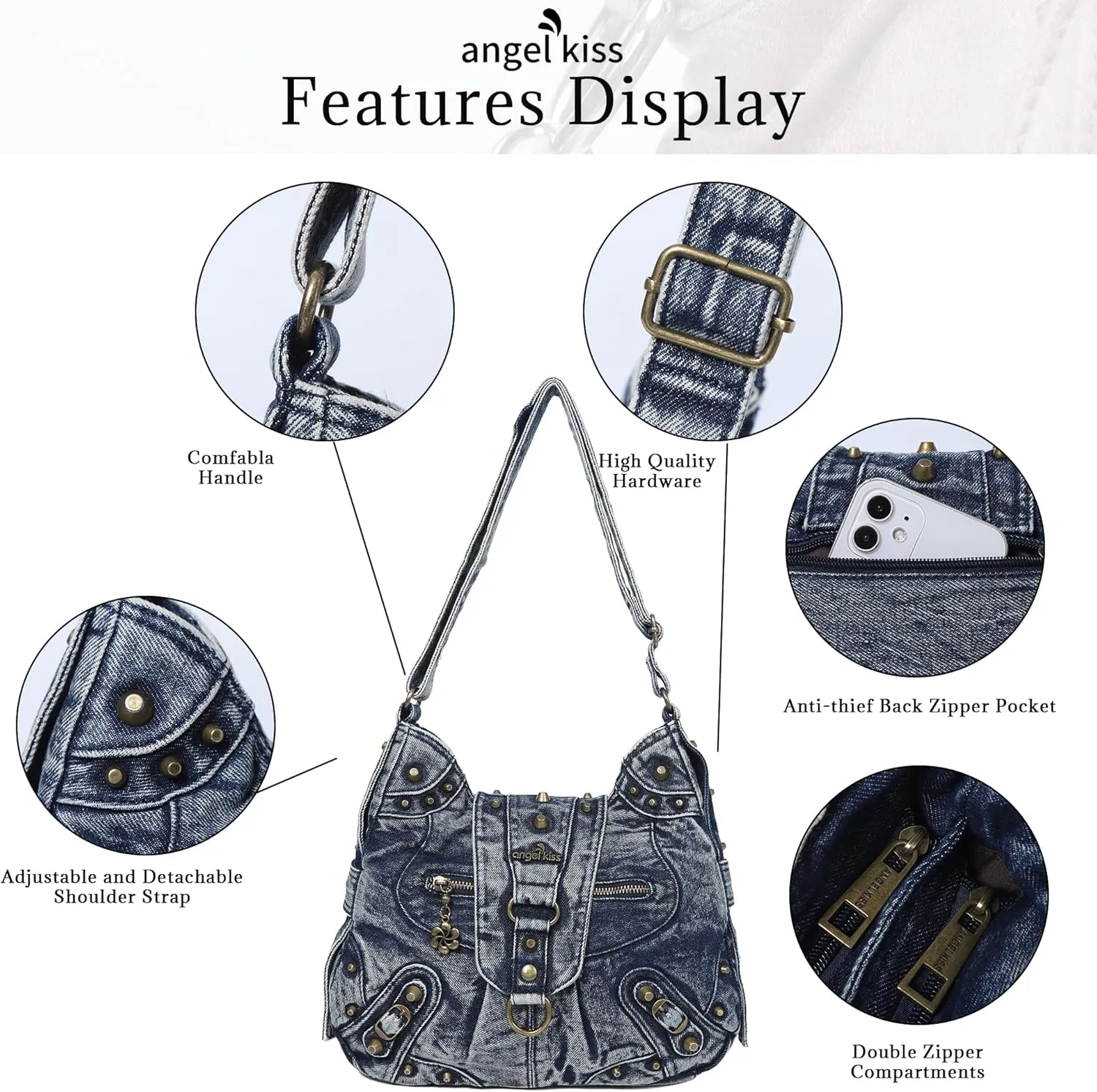 Angel Kiss Hobo Bag for Women Studded Vegan Leather Shoulder Purses and Handbags Retro Roomy Daily Crossbody Bags Medium Size