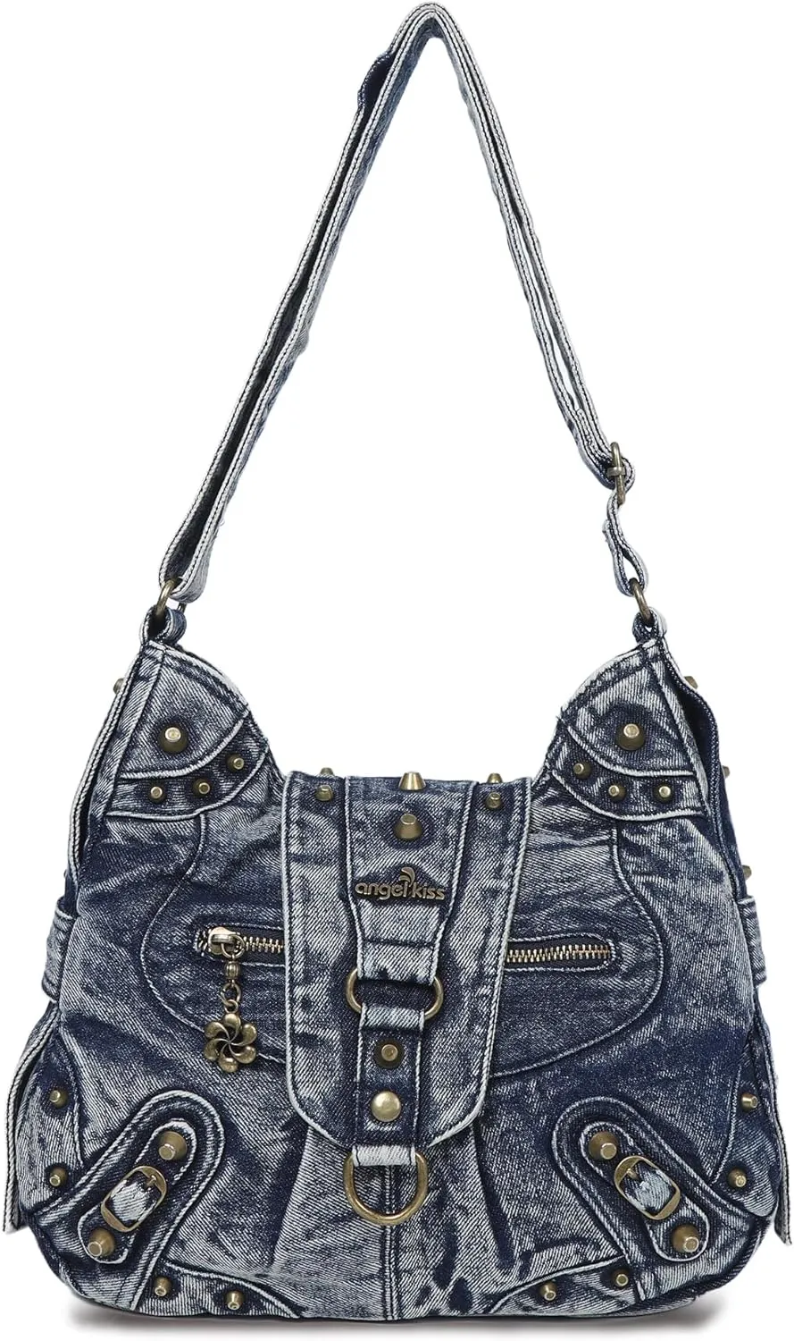 Angel Kiss Hobo Bag for Women Studded Vegan Leather Shoulder Purses and Handbags Retro Roomy Daily Crossbody Bags Medium Size