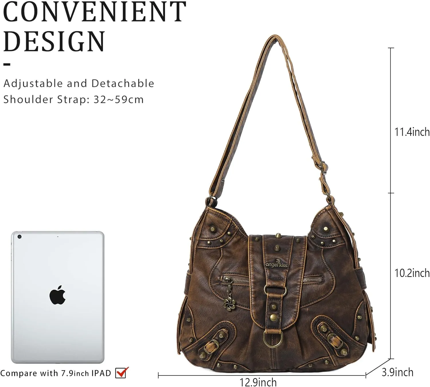Angel Kiss Hobo Bag for Women Studded Vegan Leather Shoulder Purses and Handbags Retro Roomy Daily Crossbody Bags Medium Size