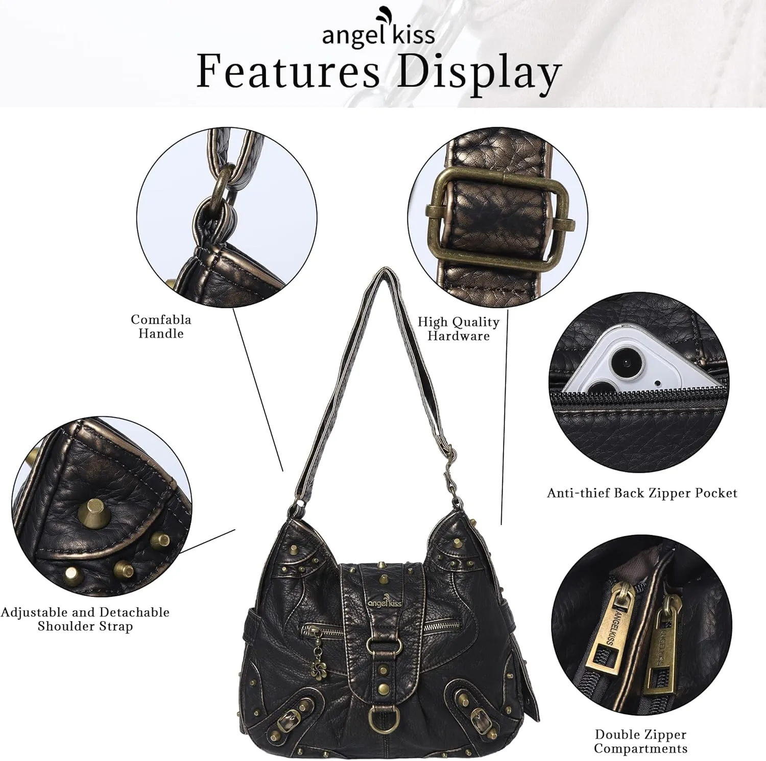 Angel Kiss Hobo Bag for Women Studded Vegan Leather Shoulder Purses and Handbags Retro Roomy Daily Crossbody Bags Medium Size