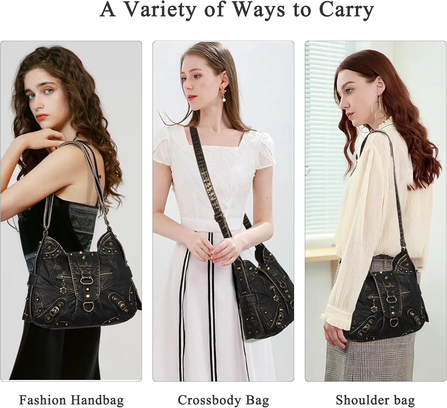 Angel Kiss Hobo Bag for Women Studded Vegan Leather Shoulder Purses and Handbags Retro Roomy Daily Crossbody Bags Medium Size