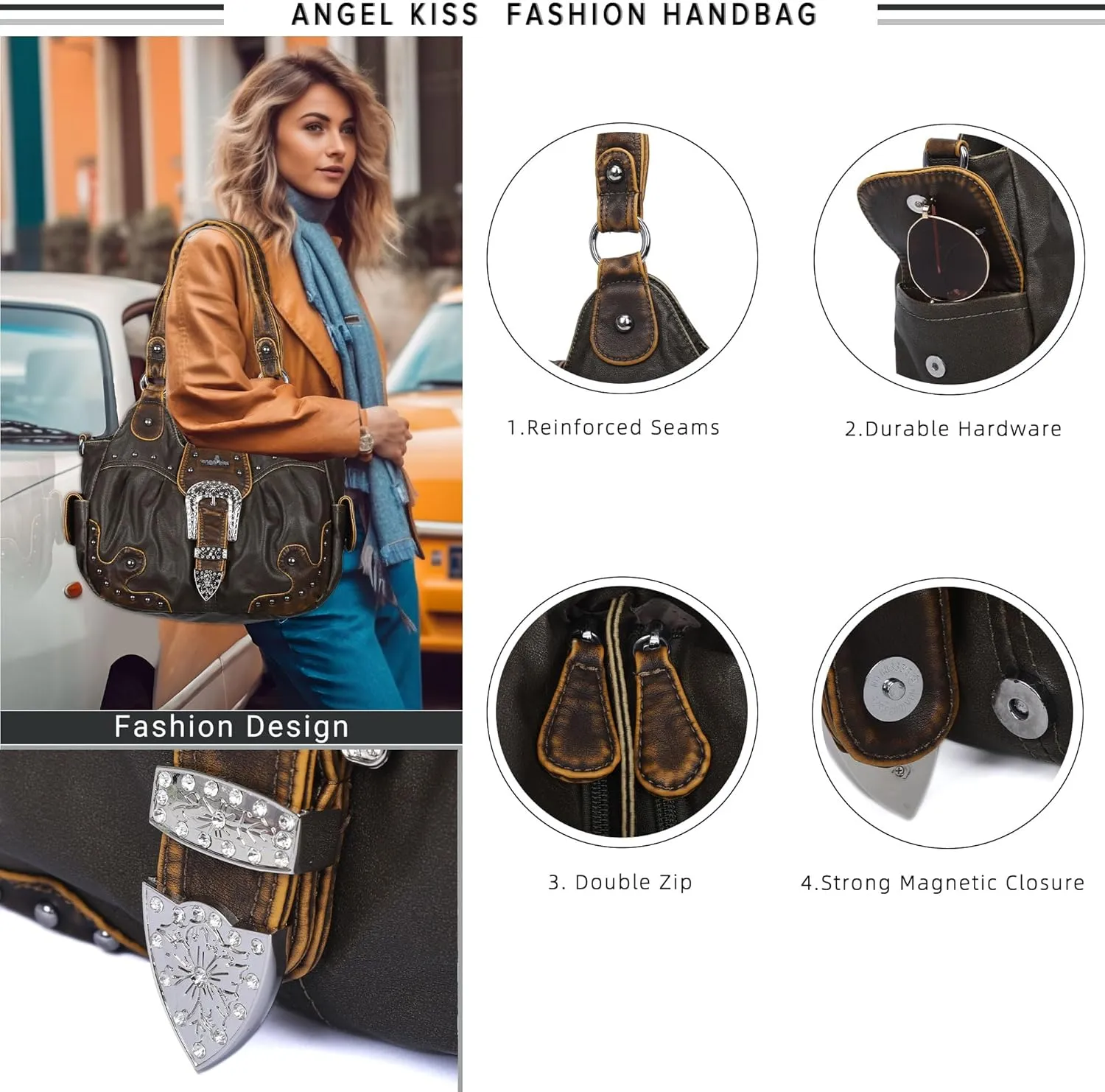 Angel Kiss Hobo Bags for Women Vegan Leather Purses and Handbags Ladies Chic Shoulder Bags Crossbody Purses with Metal Studs
