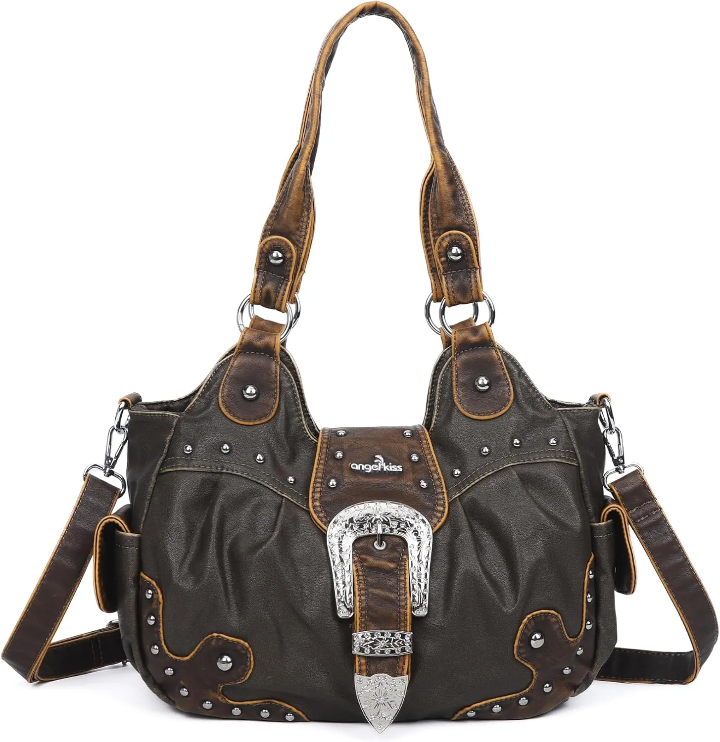 Angel Kiss Hobo Bags for Women Vegan Leather Purses and Handbags Ladies Chic Shoulder Bags Crossbody Purses with Metal Studs