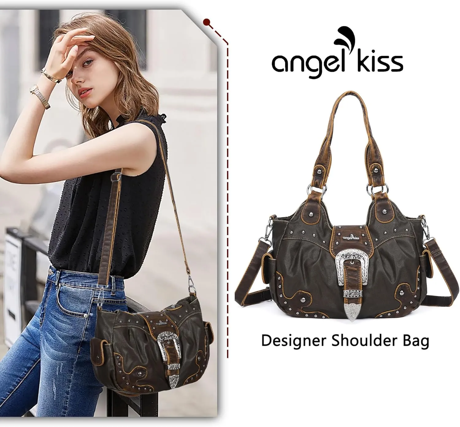 Angel Kiss Hobo Bags for Women Vegan Leather Purses and Handbags Ladies Chic Shoulder Bags Crossbody Purses with Metal Studs