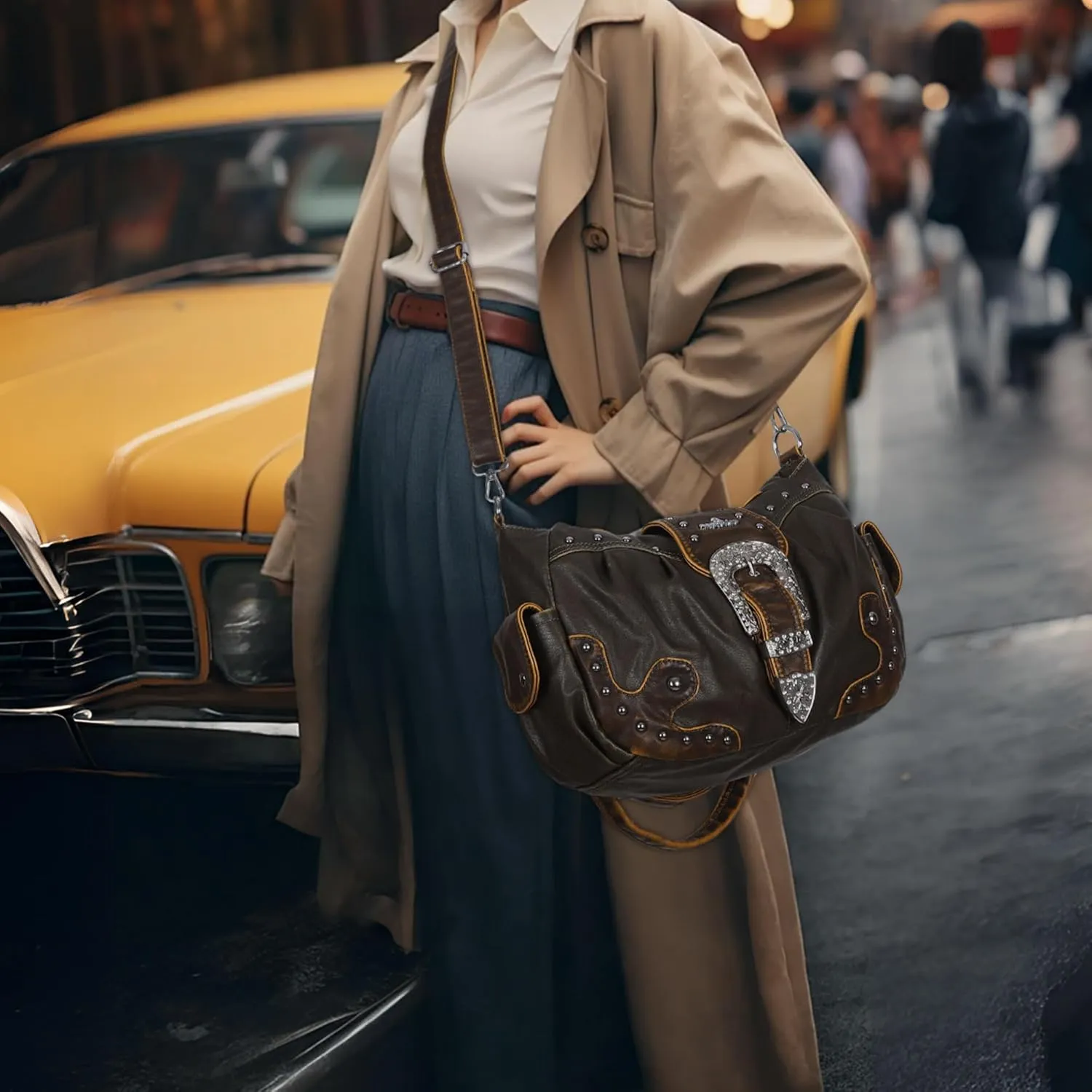 Angel Kiss Hobo Bags for Women Vegan Leather Purses and Handbags Ladies Chic Shoulder Bags Crossbody Purses with Metal Studs