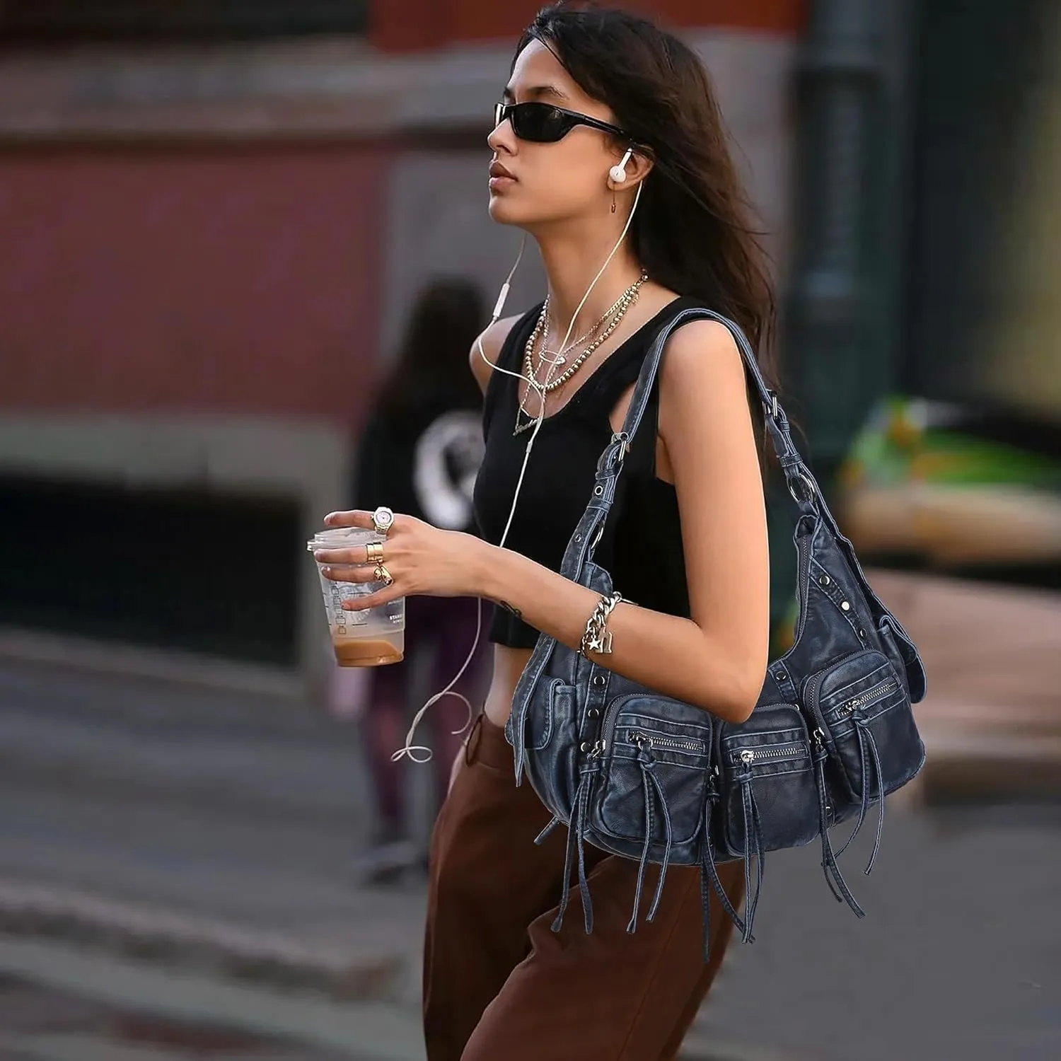 Angel Kiss Hobo Bags Purse for Women Y2K Shoulder Bag Multi Pockets Designer Satchel Studded Handbags with Strap