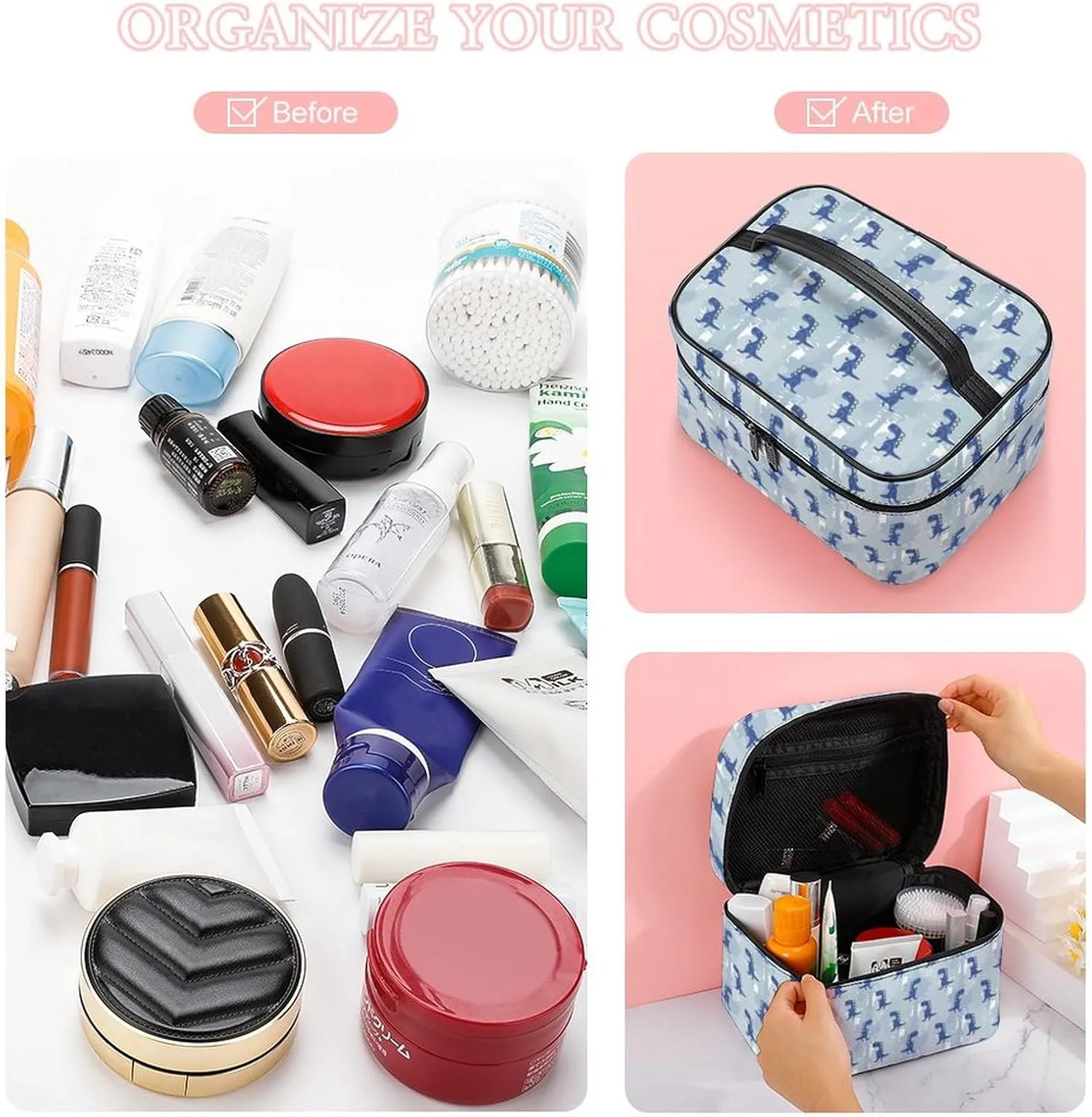 Anime Cute Animal Dinosaurs Makeup Bags For Women Travel Cosmetic Bag Large Waterproof Skincare Toiletry Bags With Handle Cosmetic Organizer Portable Make Up Box For Wedding Party