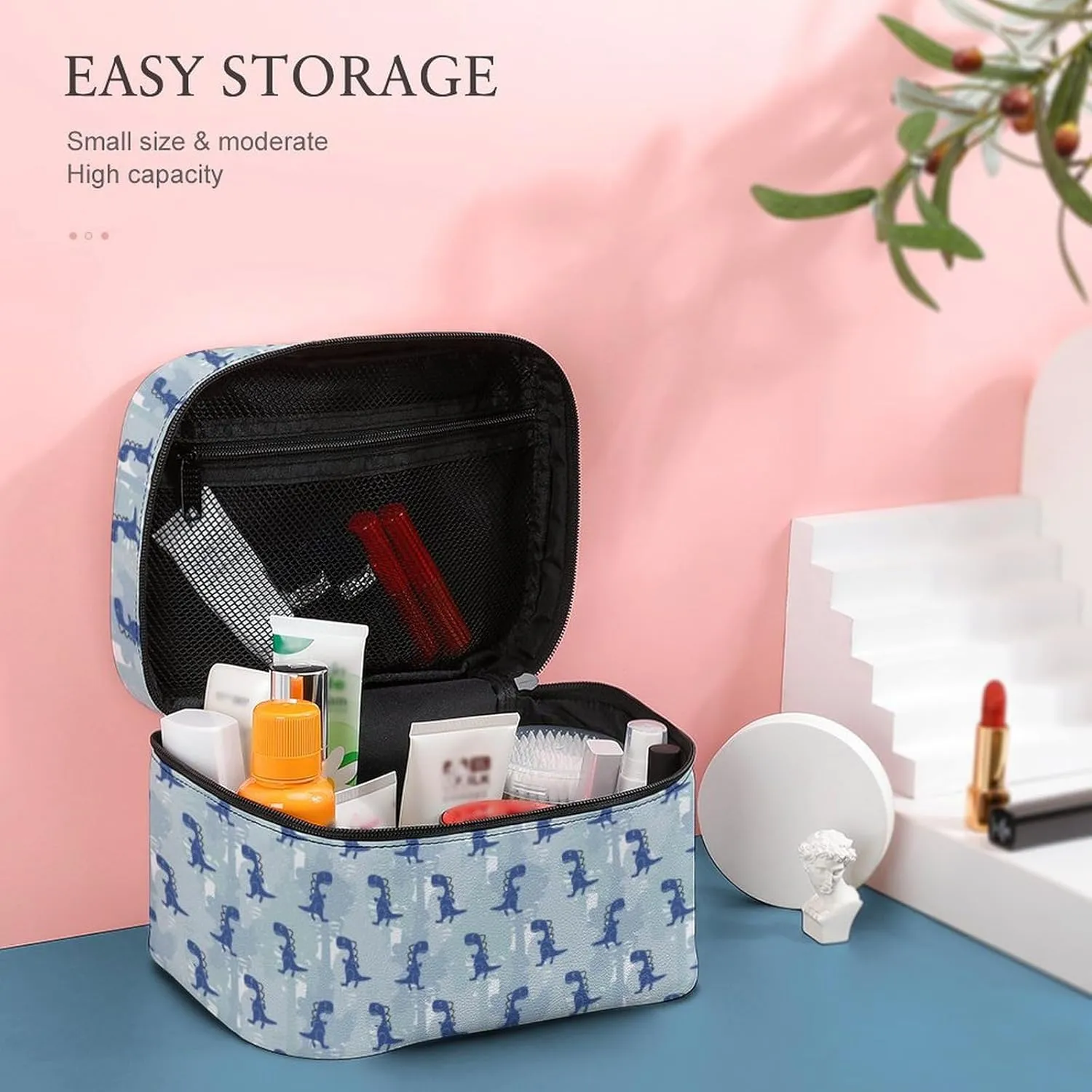 Anime Cute Animal Dinosaurs Makeup Bags For Women Travel Cosmetic Bag Large Waterproof Skincare Toiletry Bags With Handle Cosmetic Organizer Portable Make Up Box For Wedding Party