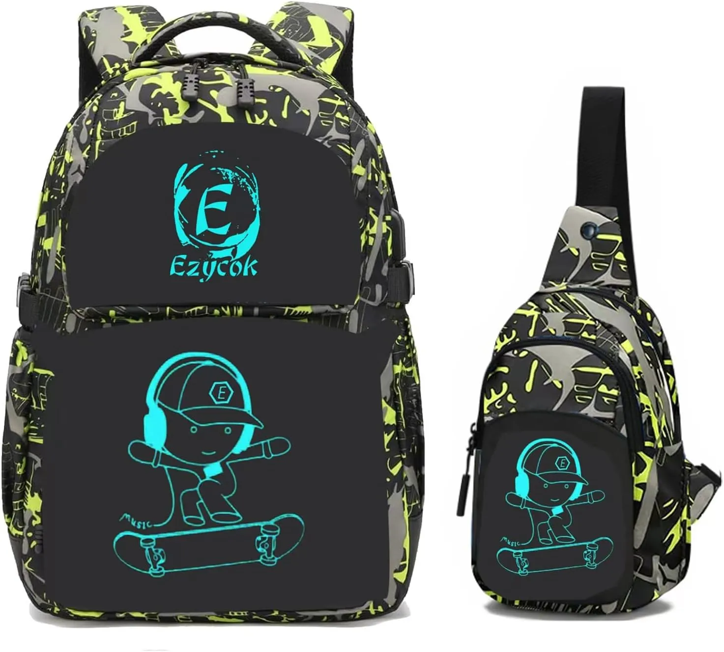 Anime Luminous School Backpack with USB Charging Port, Anti Theft Lock, Sling Bag & Pencil Case for Teen Boys and Girls, Lightweight Laptop Backpack College Bookbag