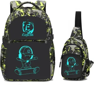 Anime Luminous School Backpack with USB Charging Port, Anti Theft Lock, Sling Bag & Pencil Case for Teen Boys and Girls, Lightweight Laptop Backpack College Bookbag
