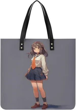Anime Woman in Skirt Tote Bag Pu Leather Handbags for Women Shopping Shoulder Bags Travel Hobo Bags Slouchy Tote Big Capacity Cross Body Handbags Laptop Briefcases