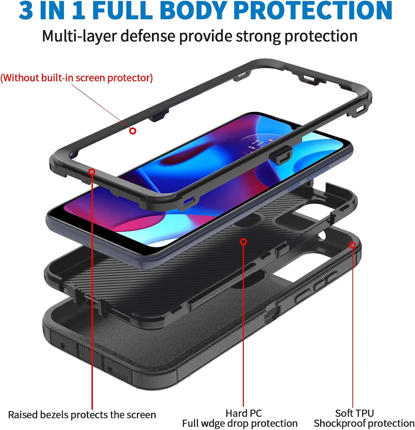 Anloes Case for Moto G Pure 2021/G Play 2023/G Power 2022, Motorola G Pure Phone Case Heavy Duty Shockproof Dustproof Protection, 3 in 1 Rugged Defender Protective Bumper Cover(Black)