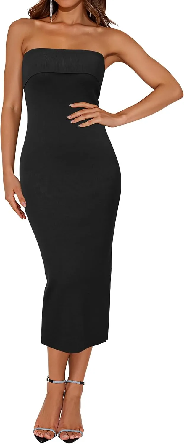 Arach&Cloz Women's Summer Mulberry Silk Blend Bodycon Strapless Back Slit Midi Dress Elegant Wedding Guest Party Dresses 2025