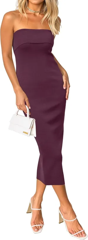 Arach&Cloz Women's Summer Mulberry Silk Blend Bodycon Strapless Back Slit Midi Dress Elegant Wedding Guest Party Dresses 2025