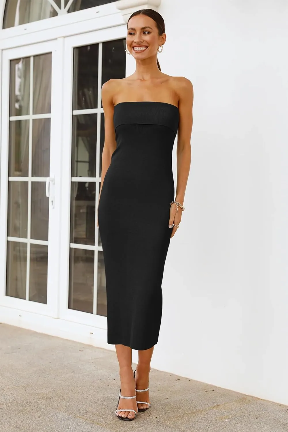 Arach&Cloz Women's Summer Mulberry Silk Blend Bodycon Strapless Back Slit Midi Dress Elegant Wedding Guest Party Dresses 2025
