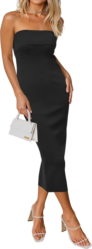 Arach&Cloz Women's Summer Mulberry Silk Blend Bodycon Strapless Back Slit Midi Dress Elegant Wedding Guest Party Dresses 2025
