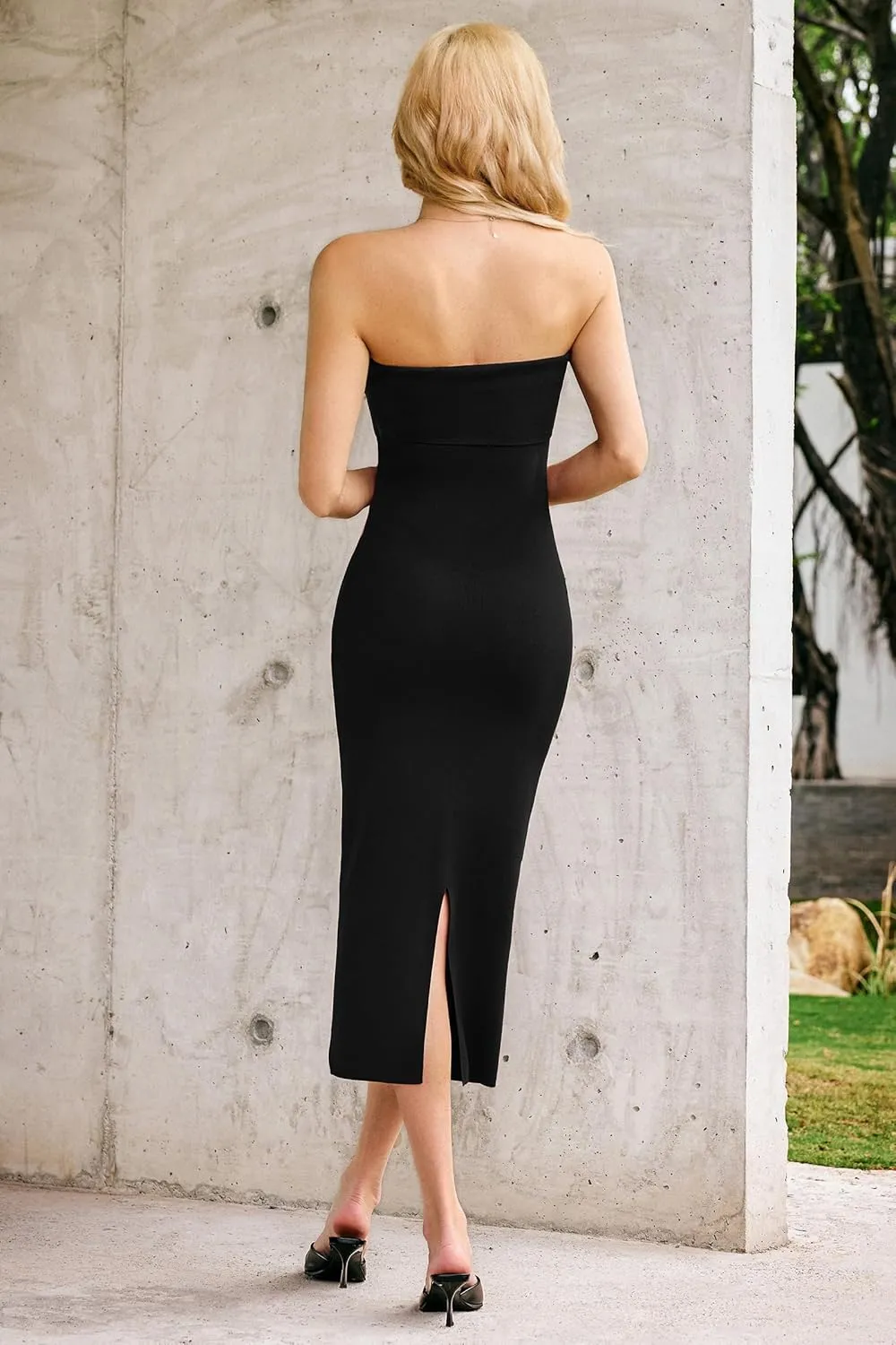 Arach&Cloz Women's Summer Mulberry Silk Blend Bodycon Strapless Back Slit Midi Dress Elegant Wedding Guest Party Dresses 2025