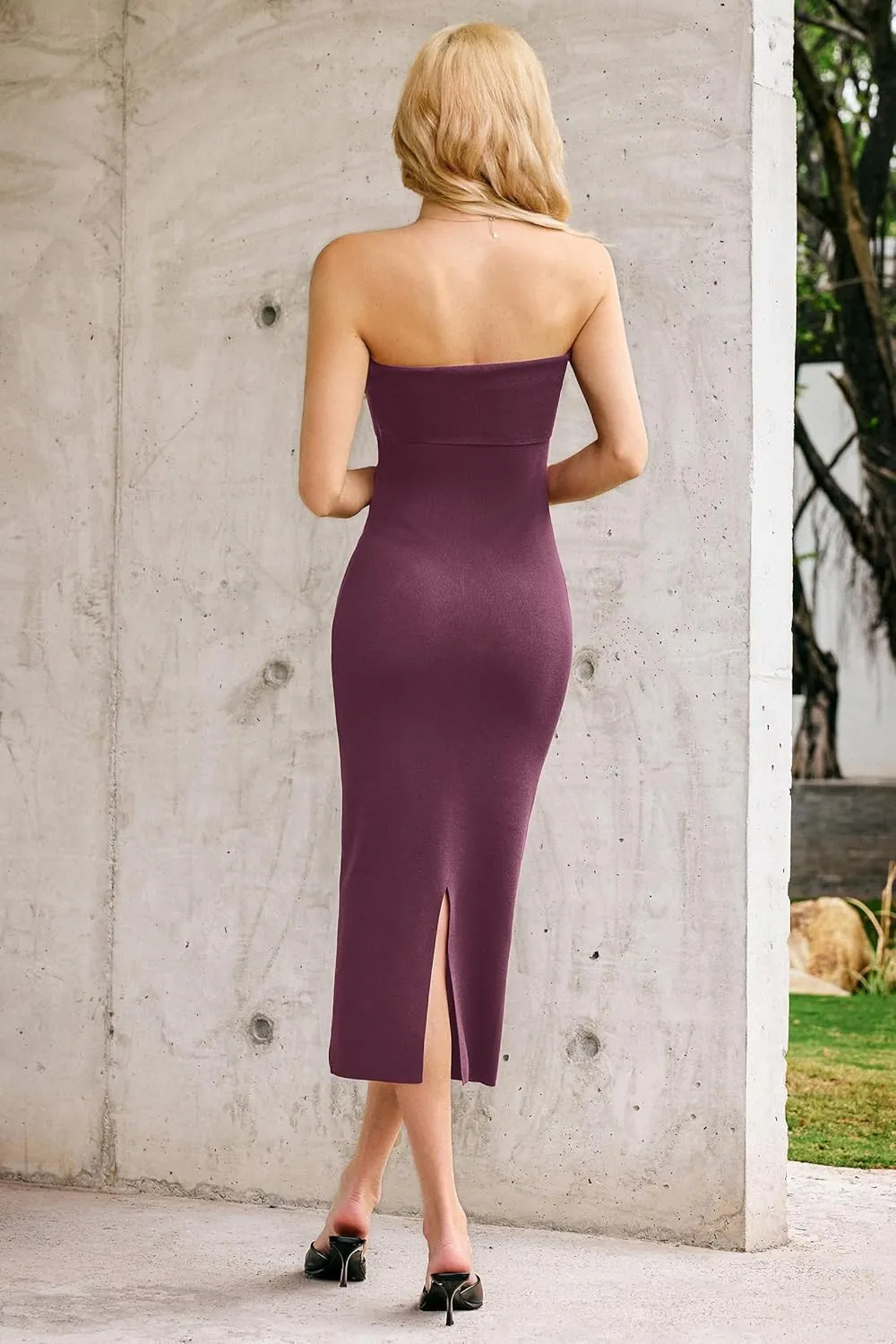 Arach&Cloz Women's Summer Mulberry Silk Blend Bodycon Strapless Back Slit Midi Dress Elegant Wedding Guest Party Dresses 2025