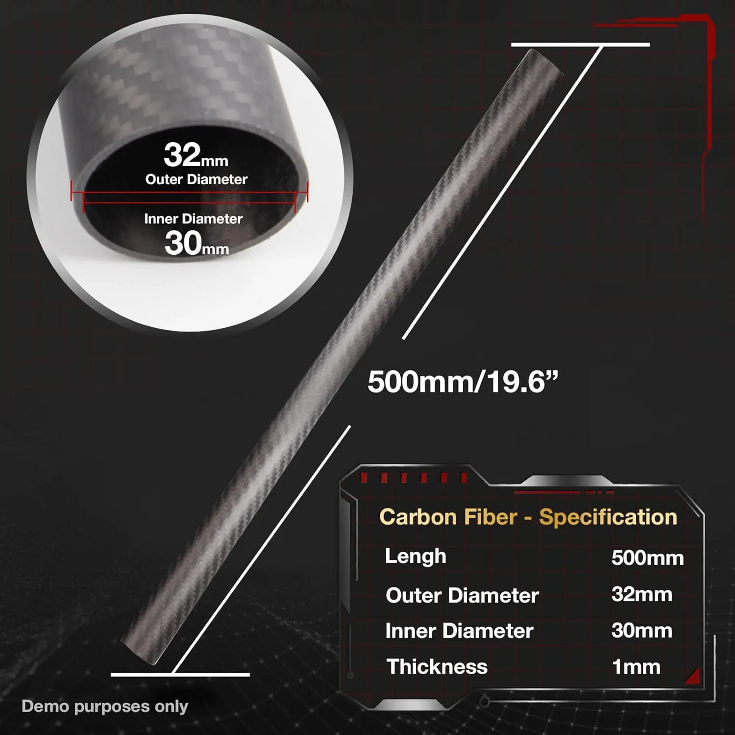 ARRIS 4PCS 28mm x 30mm x 500mm 3K Roll Wrapped 100% Pure Carbon Fiber Tube Glossy Surface