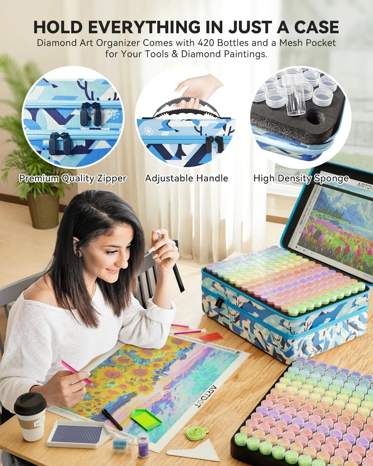 ARTDOT 420 Slots Storage Container for Diamond Art Kits for Adults,Portable Bead Storage Boxes for Diamond Painting Accessories and Tools(Blue)