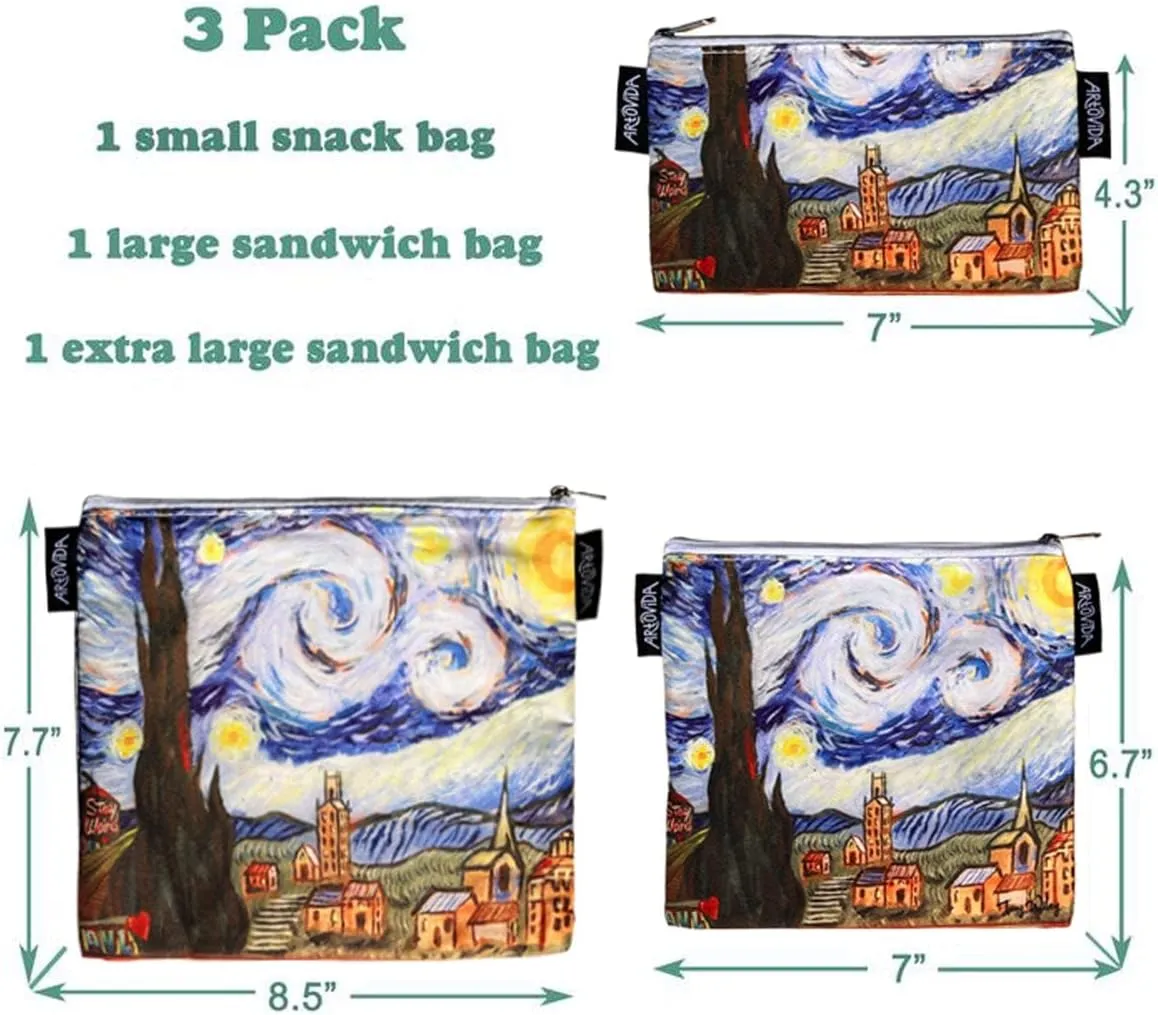 Artists Collective Reusable Lunch Baggies | Snack and Sandwich Bags with Zipper - Improved Dual Layer Design by Troy Wiley (USA) Starry Night Asheville