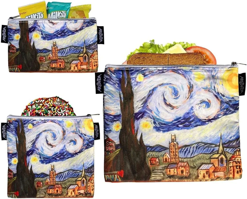 Artists Collective Reusable Lunch Baggies | Snack and Sandwich Bags with Zipper - Improved Dual Layer Design by Troy Wiley (USA) Starry Night Asheville